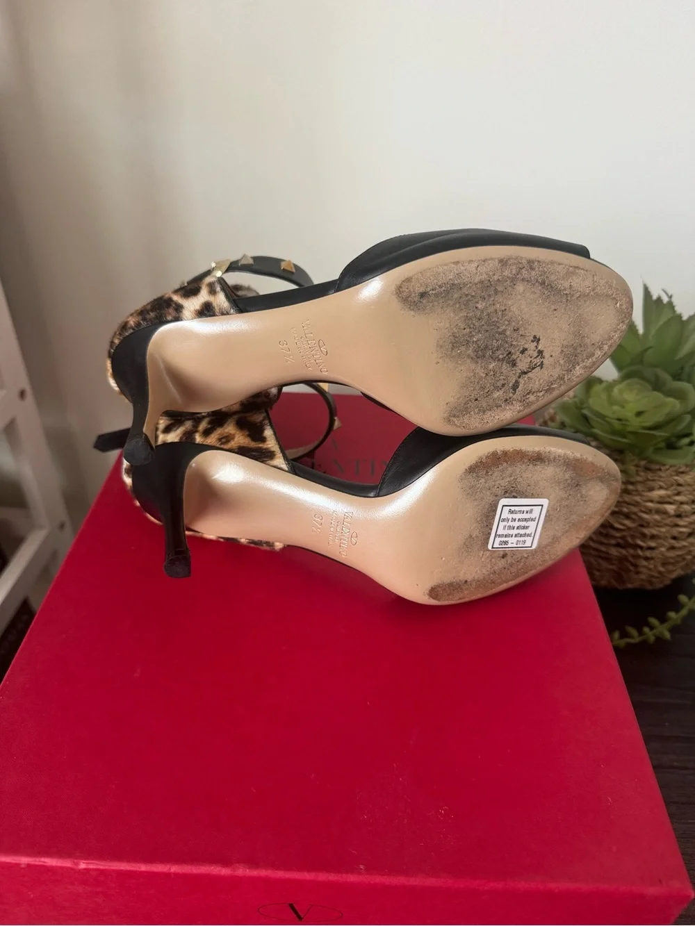 Valentino Garavani Rockstud Leopard Pony Hair Ankle Strap Heels 37.5
